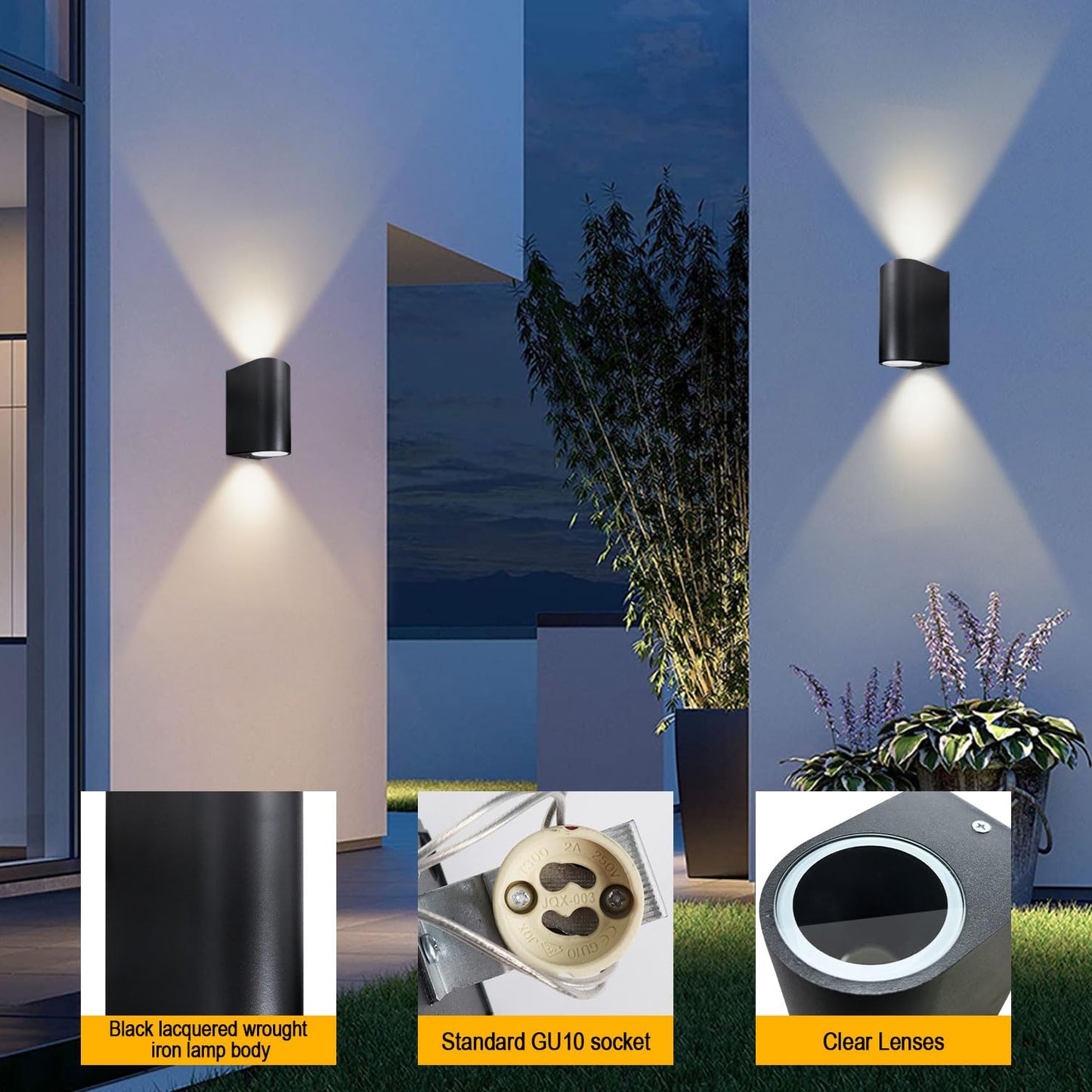 EXTRASTAR Outdoor Wall Lights, GU10 Base Up Down Exterior Wall Sconce, IP44 Waterproof Outside Wall Lights Aluminum Black for Garden, Patio, Garage, Porch, and so on（Bulbs not Include）