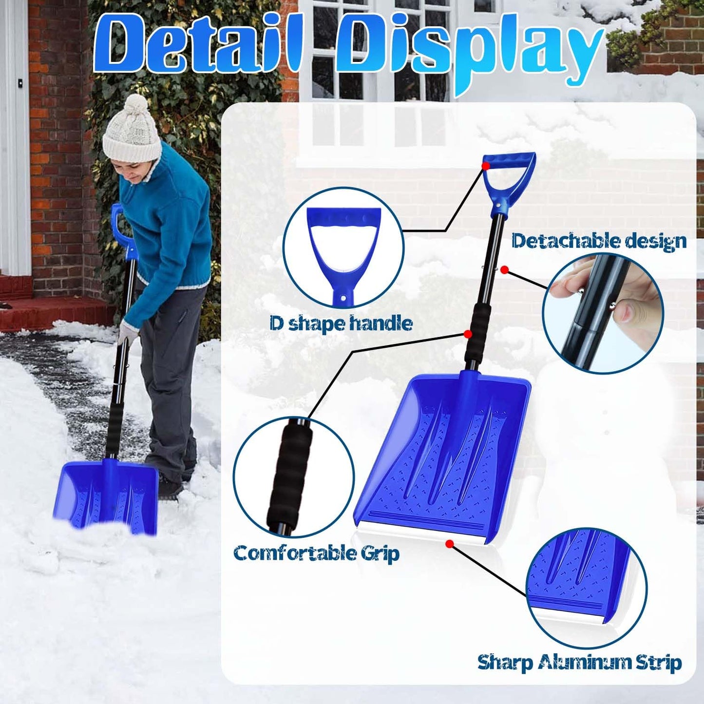 Hmfmdy Snow Shovel for Car Driveway Home Garage, Survival Shovel, Wide Ice Scraper, Lightweight Portable Detachable Snow Removal Tool for Garden Camping Outdoor Emergency Snowman Playing - Blue