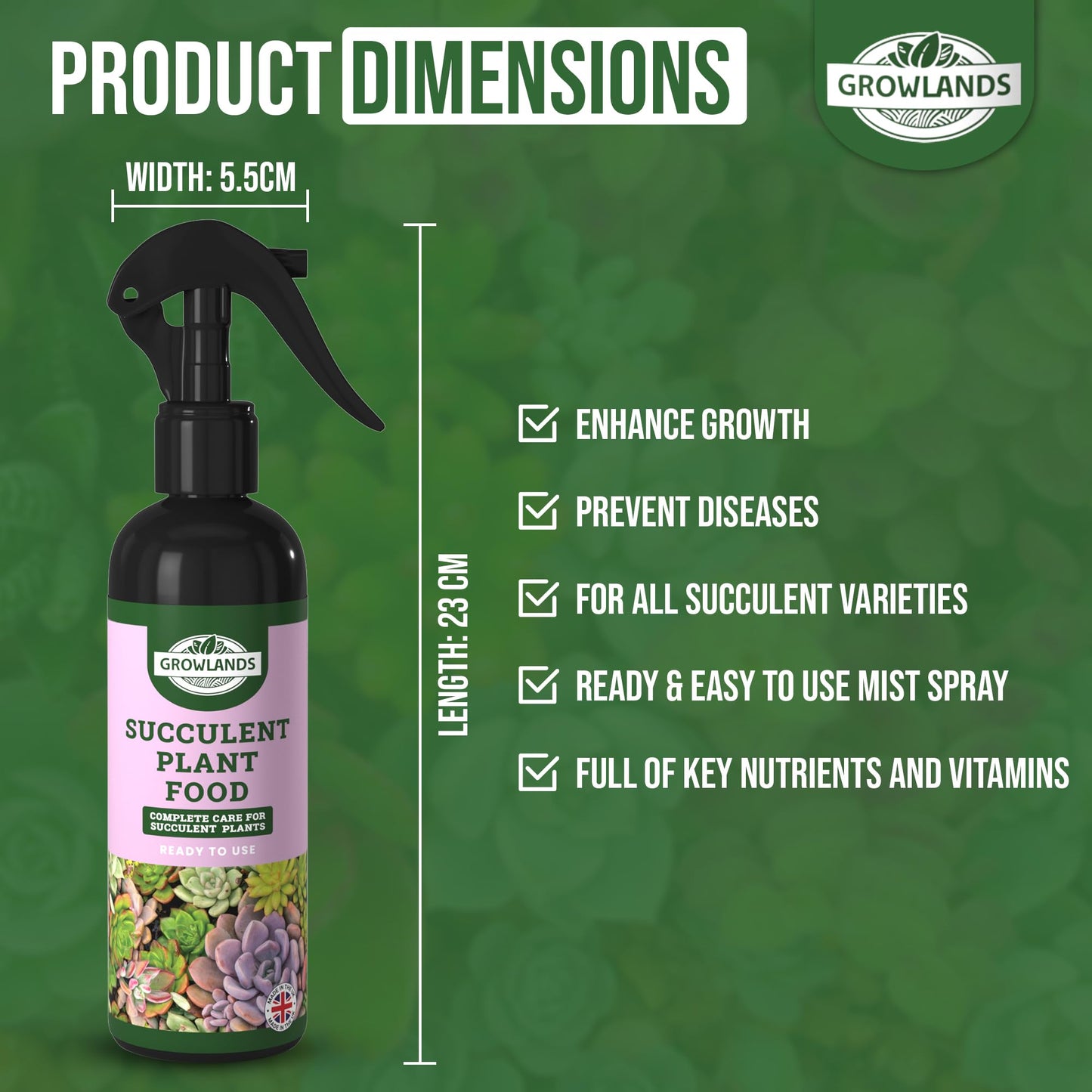 Growlands Succulent Food - 300 ml - Organic Indoor Plant Liquid Spray Fertilizer - Designed for Houseplants - Ready to Use Mist Spray - Promotes Growth and Health