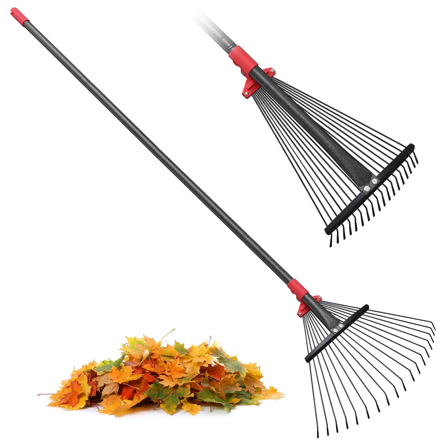 Garden Leaf Rakes for Lawns Heavy Duty, 23-41 cm Adjustable Rake Head, 82-192 cm Adjustable Long Handle, Metal Rake Tool for Gardening Camping Clear Collect Leaves Debris, 18 Anti-Rust Metal Tines