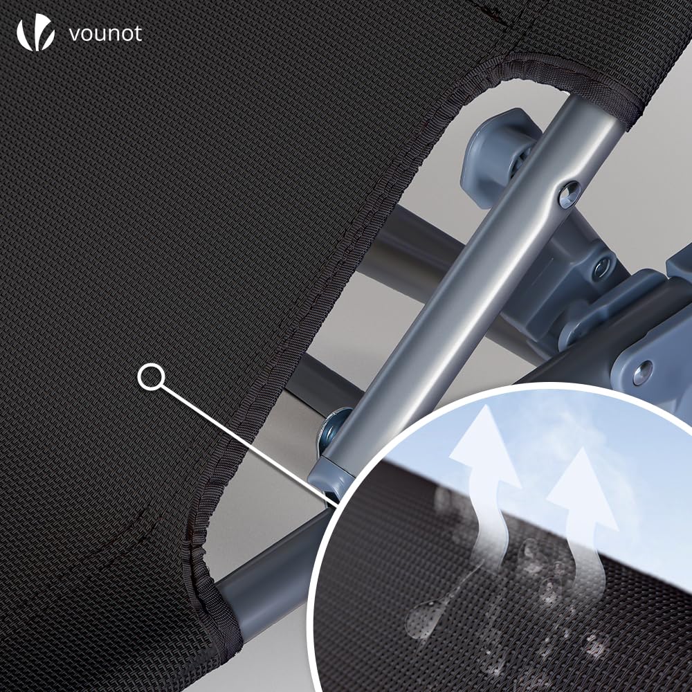 VOUNOT® Folding Sun Loungers Set of 2, Textilene Reclining Sunbed with Adjustable Backrest & Sunshade for Garden, Beach, Patio, Pool, Camp, Load 110 kg, Black