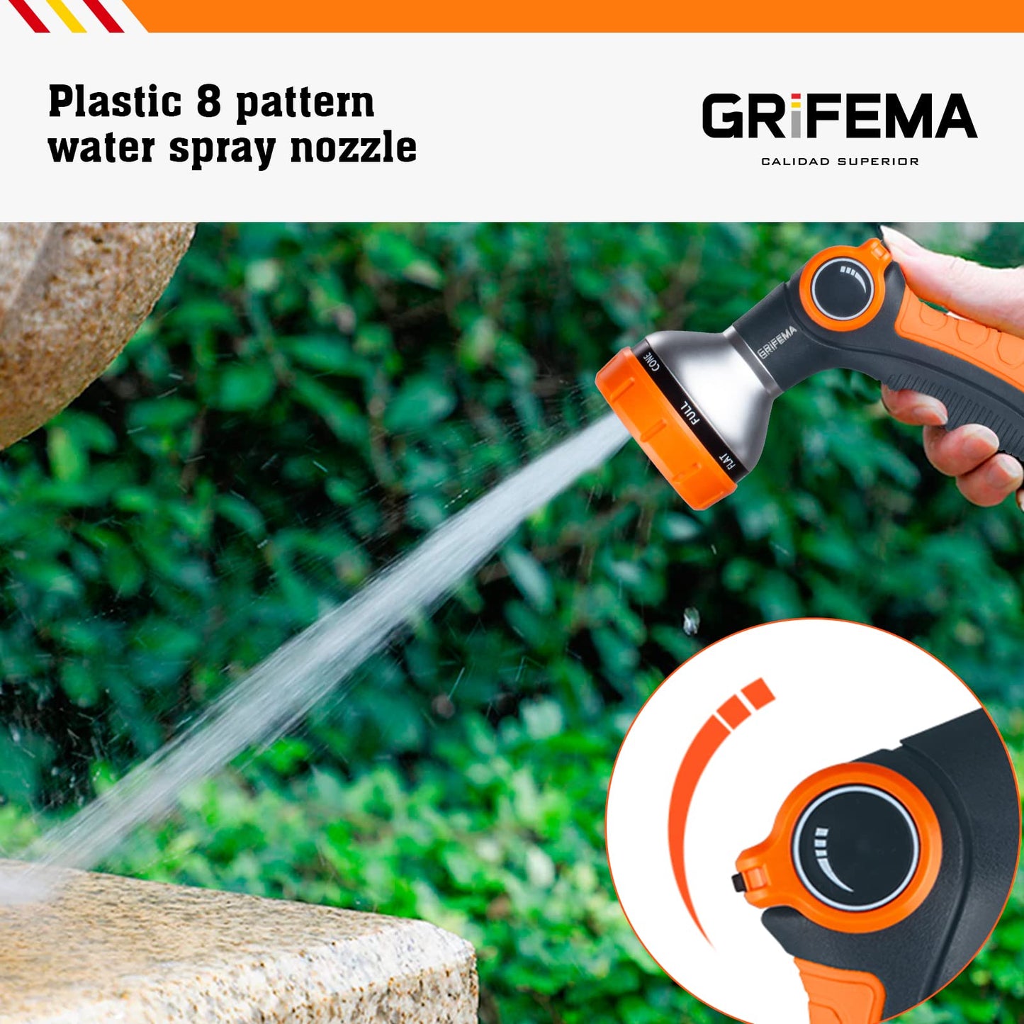 GRIFEMA GE1303 Garden Hose Pipe Spray Gun, 8 Adjustable Patterns Nozzles, High Pressure Garden Sprayer For Lawn & Garden Watering Equipment, Orange/Black
