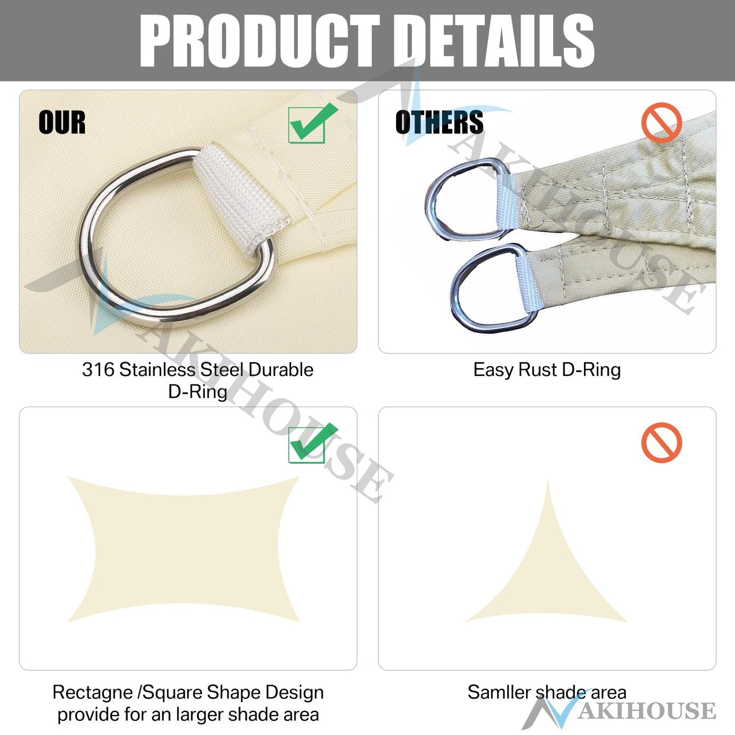 NAKIHOUSE Sun Shade Sail 6m x 4m Rectangle Waterproof Sunscreen Awning Canopy with Fixing Kit 95% UV Block Sun Shades for Outdoors, Garden, Patio, Yard, Party (Cream)