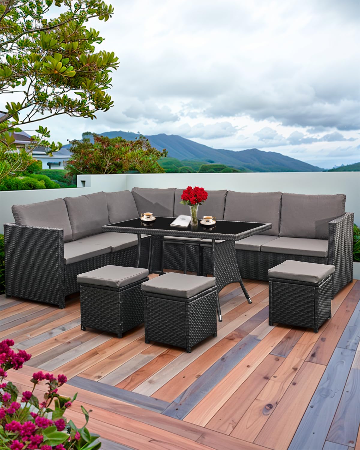 AFURNI 9-Seat Rattan Garden Corner Sofa & Dining Set