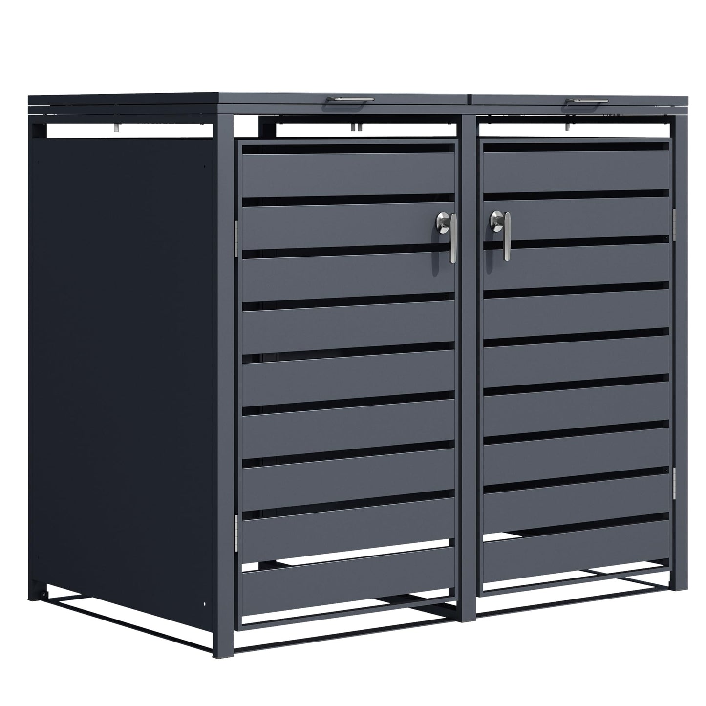 DWD Garden Double Wheelie Bin Hideaway 120L,240L Waste Bin,Storage Shed w/Locking Doors Assisted lift up Lid easy use Outdoor Hygienic Dustbin Cover Powdercoated Steel Matt Grey/Grey Slatted Doors
