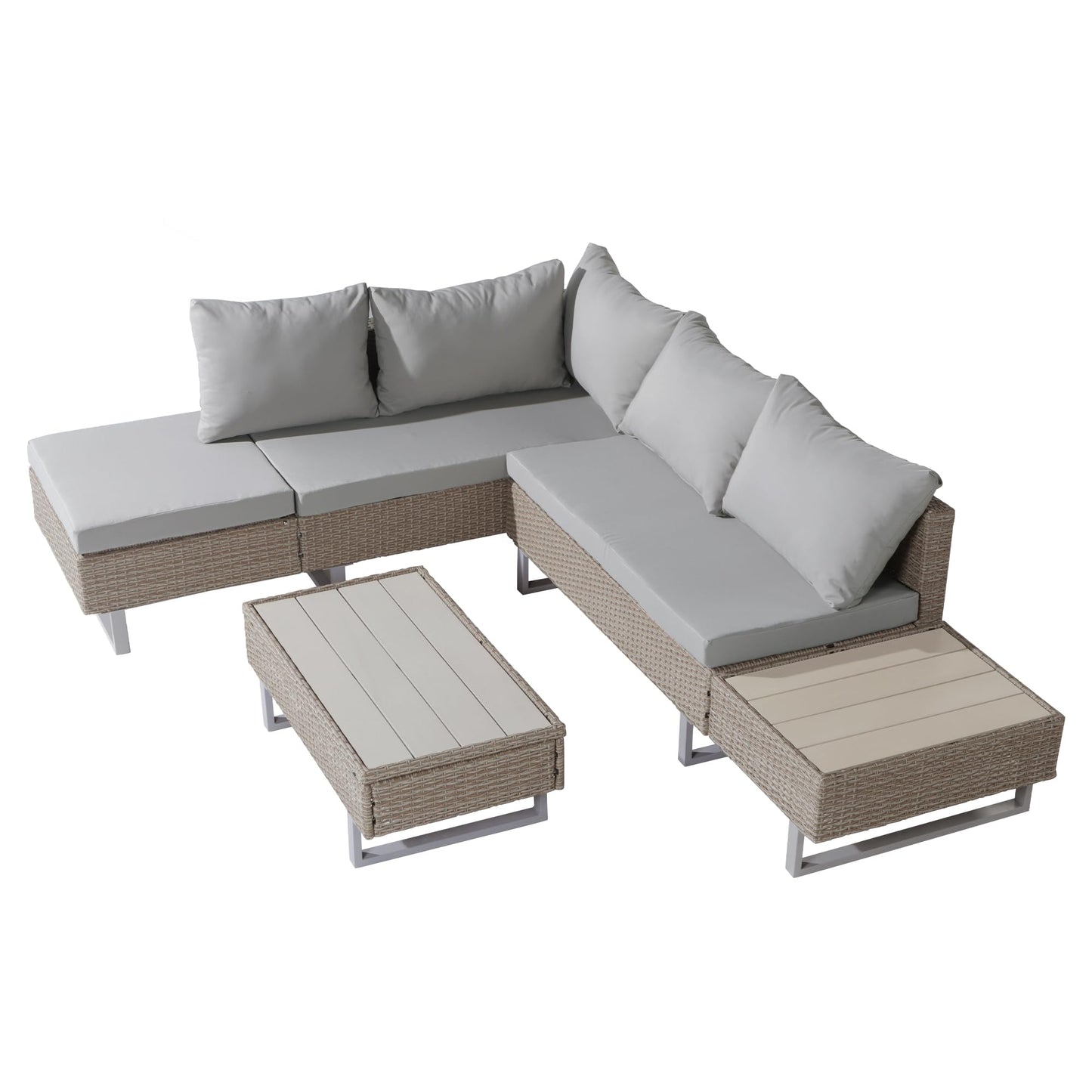 Merax Rattan Garden Sofa Set 5-Seater, Industrial Style PE Rattan Garden Furniture, Rattan Corner Sofa with Coffee Table, Anti-UV Cushions Removable Covers, Outdoor Furniture for Garden, Mixed Khaki