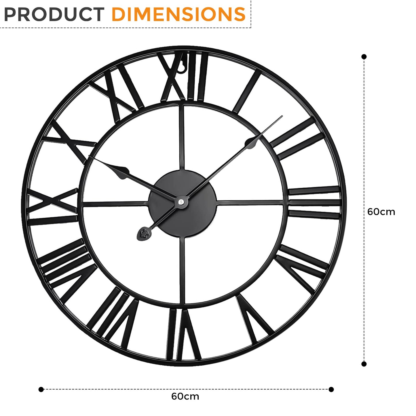 Crystals Open Face Large Outdoor Garden Wall Clock, Giant Big Roman Numerals - 60CM (Black)