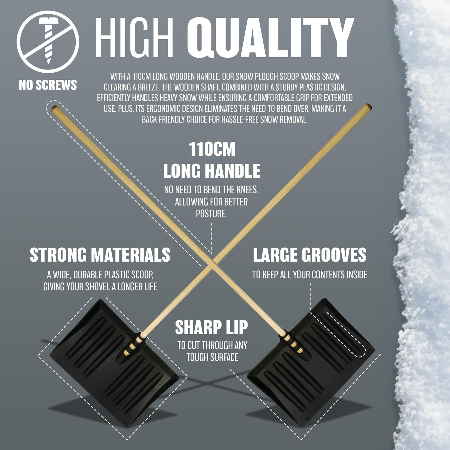 1.3m Snow Shovel - Pusher, Scooper, Mucking Out Emergencies | Ideal for Clearing Garden, Car, Truck, Driveway Etc | Strong & Durable Plastic Spade with Wooden Handle – Heavy Duty 130cm