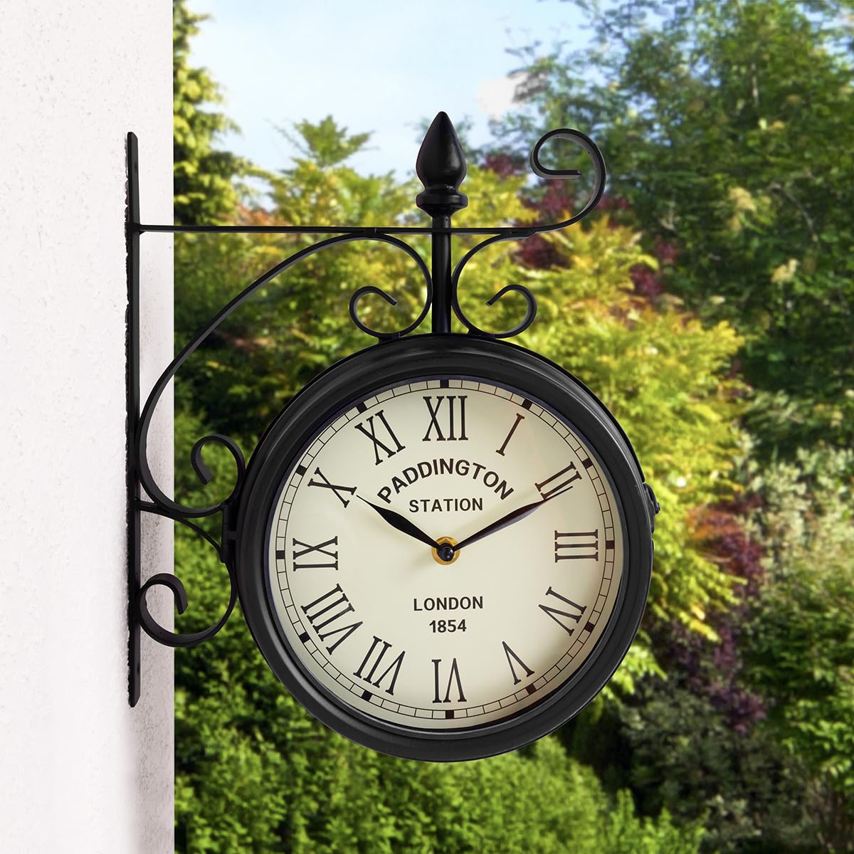 Charles Bentley Paddington Outdoor And Indoor Double Sided Wall Clock, Black, Analogue Design, Plastic, Metal, Quiet Ticking, Roman Numerals, Vintage, Patio Clock, Living Room, Kitchen (32x27x9.5cm)