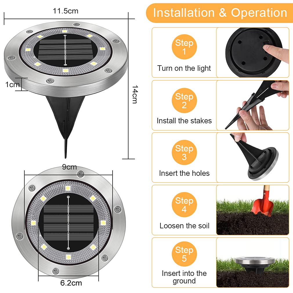 Opard Solar Ground Lights, 8 LED IP65 Waterproof Bright White Solar Decking Lights for Outdoor Garden, Pathway, Patio,Lawn (8 Pack) (Warm White)