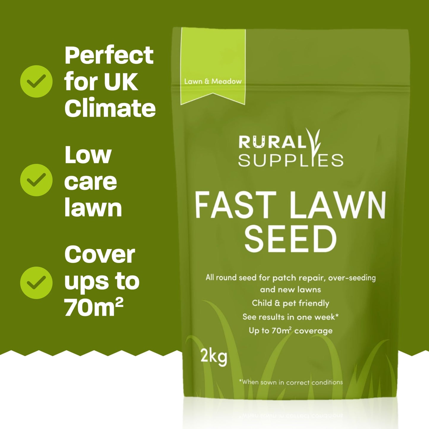 Rural Supplies Premium Grass Seed Mix 2kg - Covers up to 100m2, Hardy, Fast-Growing, Pet Safe, Perfect for UK Climate - Thick, Hard-Wearing, Easy-to-Grow, Low Maintenance Lawn