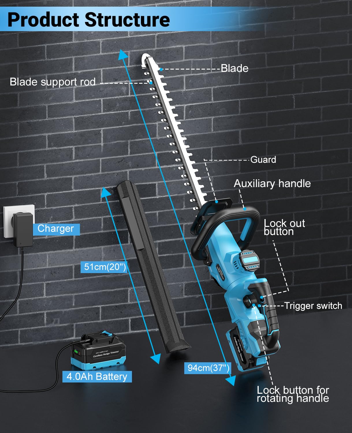 Cordless Hedge Trimmer, LEEIKOO Electric Hedge Trimmer with 4000mAh Battery, 180° Adjustable Hedge Cutter, 51 cm Blade length, 16 mm Tooth Spacing, Blade Cover for Hedges, Branches, Shrubs, Twigs