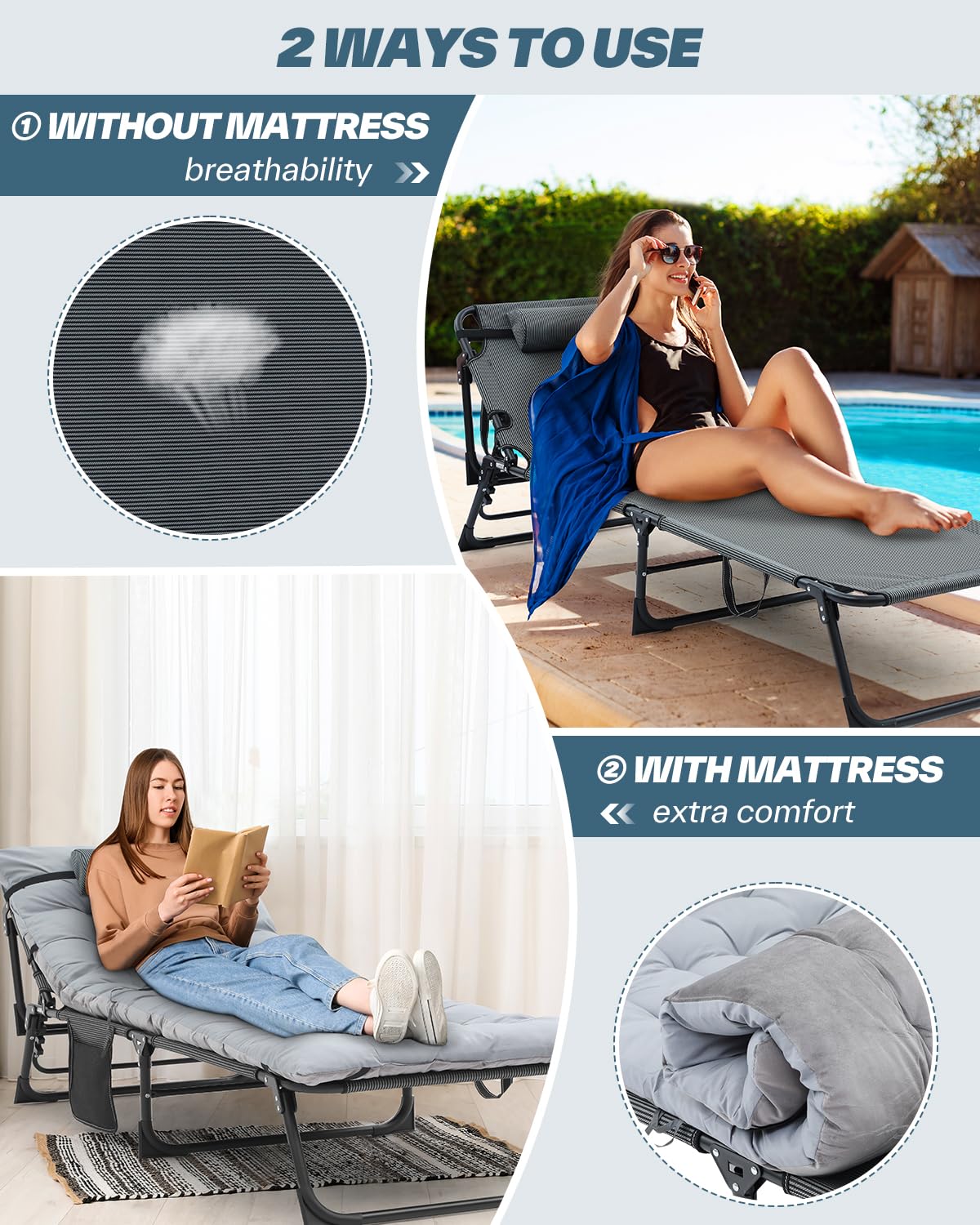 Sun Lounger 5 Position Adjustable, Sunloungers with Mattress and Headrest for Garden Recliner Beach Terrace Pools Camping Bed Guest Bed for Home, Office Nap, Indoor, Camp