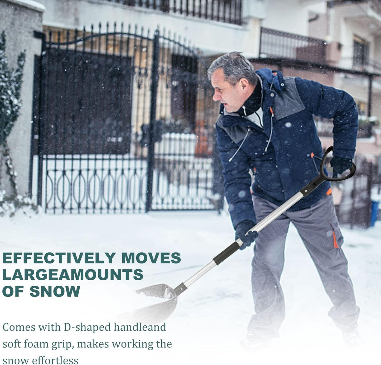 Hmseng Large Snow Shovel for Car Driveway, Lightweight Adjustable Portable Snow Shovel,D Shaped Handle design, for Garden, Camping, Snowman Playing and Emergency-Black