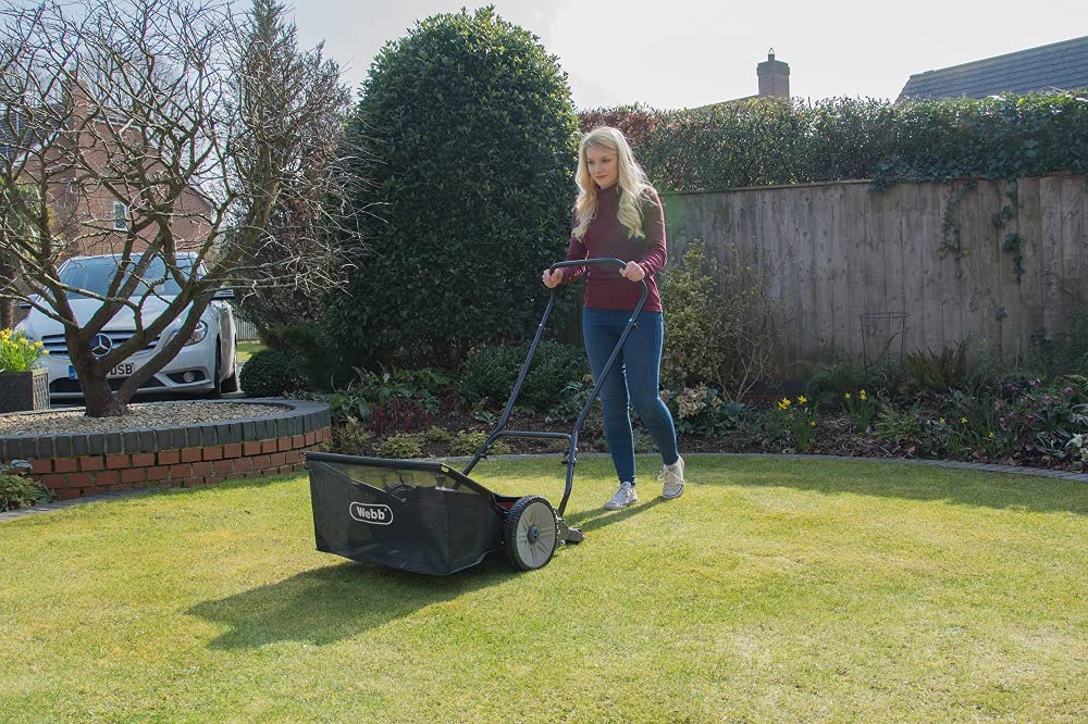 Webb WEH18 Contact Free Manual Cylinder Lawnmower with Rear Roller, 9 Cutting Heights, 46cm Cutting Width and 22L Collection Bag - 3 Year Guarantee