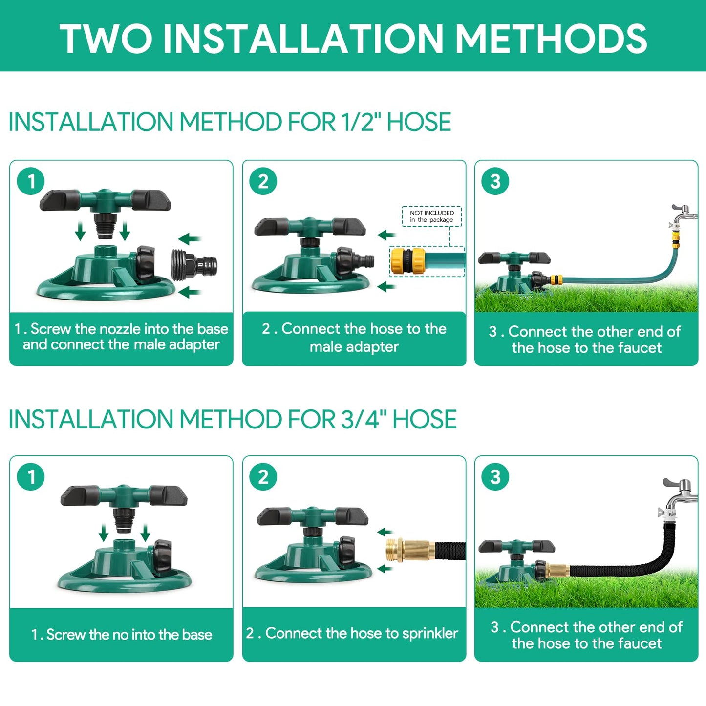 ENJSD Garden Sprinkler, Automatic Lawn Sprinkler, 360 Degree Rotating Durable 3 Arms Adjustable Water Sprinkler Gardening Irrigation System Covering Large Area for Watering Lawn Plants Flowers Veggies
