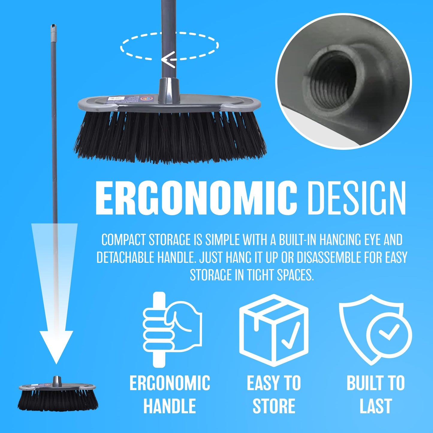 Soft Sweeping Brush Indoor Broom - Stylish Grey Kitchen Broom | Ideal for Household Cleaning | 28cm Soft Bristle Brush Head with 115cm Long Screw-Fit Metal Handle for Comfortable Use