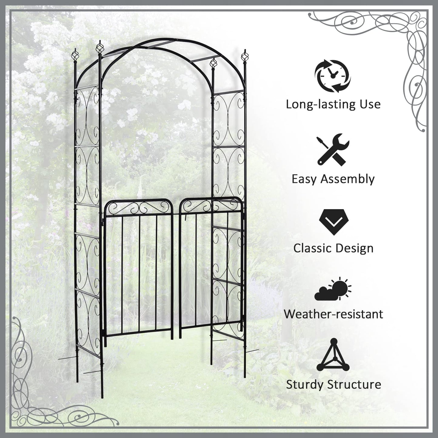 Outsunny Garden Decorative Metal Arch with Gate Outdoor Patio Trellis Arbor for Climbing Plant Archway Antique Black - 108L x 45W x 215Hcm
