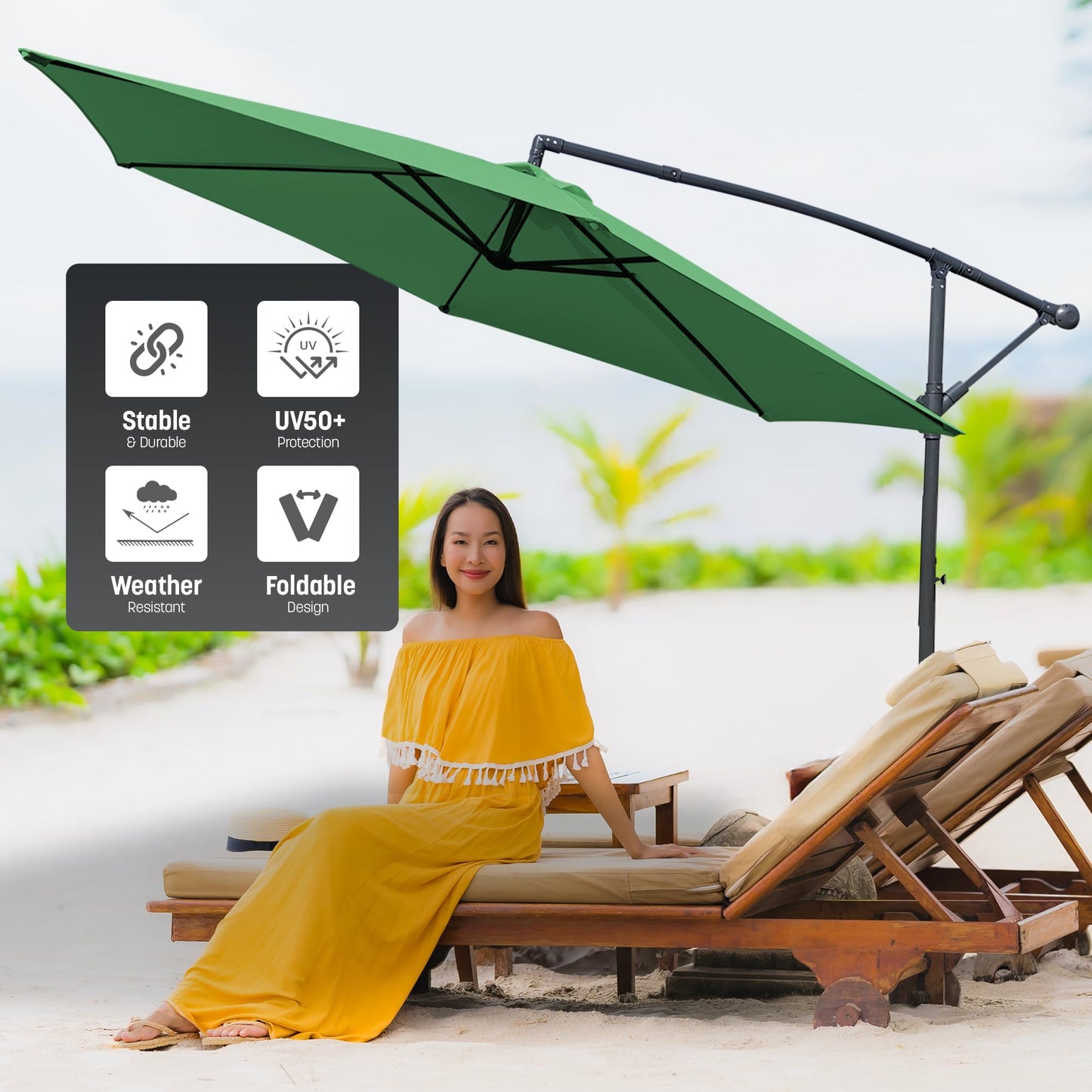 KEPLIN 3M Cantilever Garden Parasol, Garden Umbrella with Crank Handle & Cover, UV Protection, Water-Repellent Polyester, Powder-Coated Pole, 6 Ribs Garden Parasol and Base, Sturdy Cross Base, Green