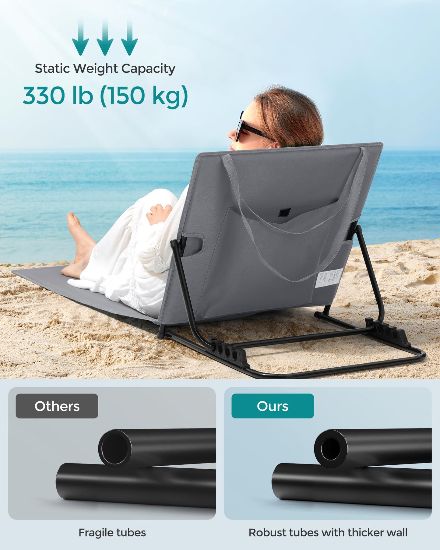 SONGMICS Set of 2 Folding Beach Sunloungers, Deck Beach Chairs Mats, Reclining Backrest, Lightweight Portable with Handle, for Camping Garden Pool, 158 x 55 cm, Slate Grey GCB251G01