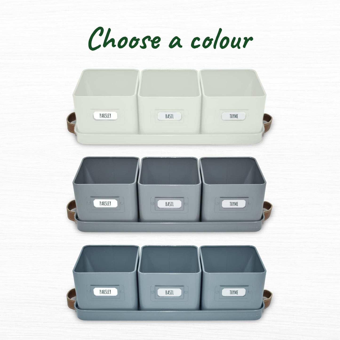 Green Thumbz Herb Pots for Kitchen Windowsill - Set of 3 Charcoal Grey Herb Planter Indoor with Leather Handled Tray - Ideal for an Indoor Herb Garden, Plants and Flowers - Labels Included