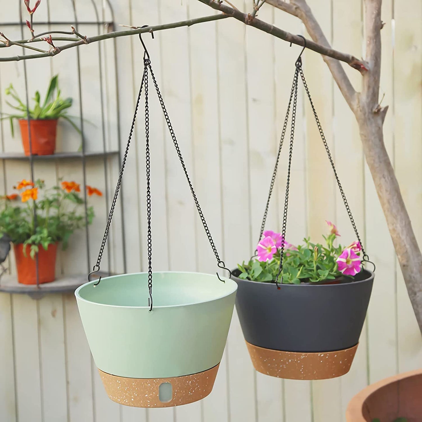 ZMTECH 20cm Hanging Plant Pots 8 Inches Hanging Planters with Saucer Drainage Holes Visible Water Level Hanging Pots for Indoor Outdoor Plants (Set of 2, Dark Grey)
