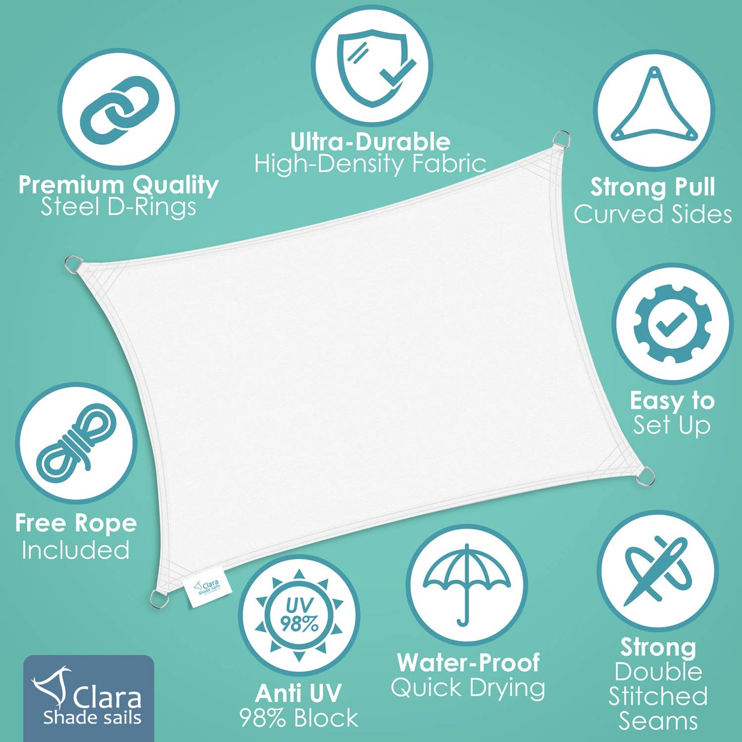 Clara Shade Sails - White Rectangle 3x4m Sun Shade Sail, Conservatory Sail Shades, Pergola Canopy, Garden Sail Canopy Waterproof, Patio Gazebo, Garden Tent, Outdoor Sun Sail Shade, Garden Awning