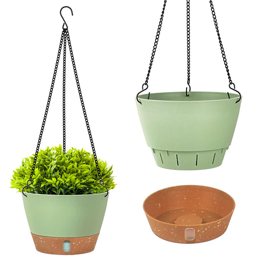 Evoio 2 Pack Hanging Plant Pot, 20CM Self Watering Flower Pots Hanging Plant Basket for Plants Flowers with Visible Water Level Tray Drainage Holes Removable Tray for Indoor Outdoor Plants(Green)