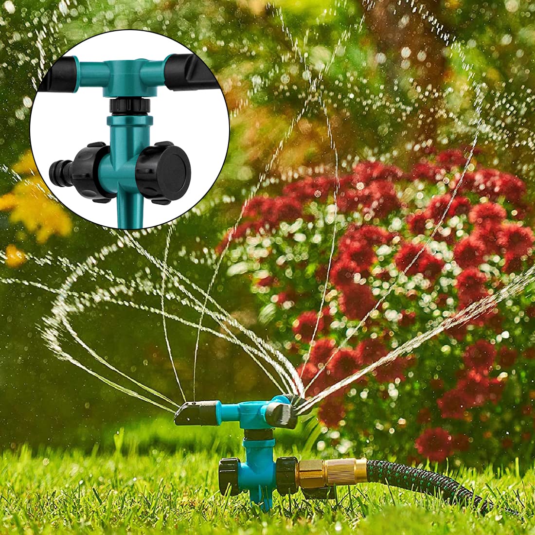 Garden Sprinkler Lawn Water Sprinkler Automatic 360 Rotating 3 Arms Sprayer Adjustable Sprinkler Irrigation System for Watering Veggies Flowers Grass Lawn Plants