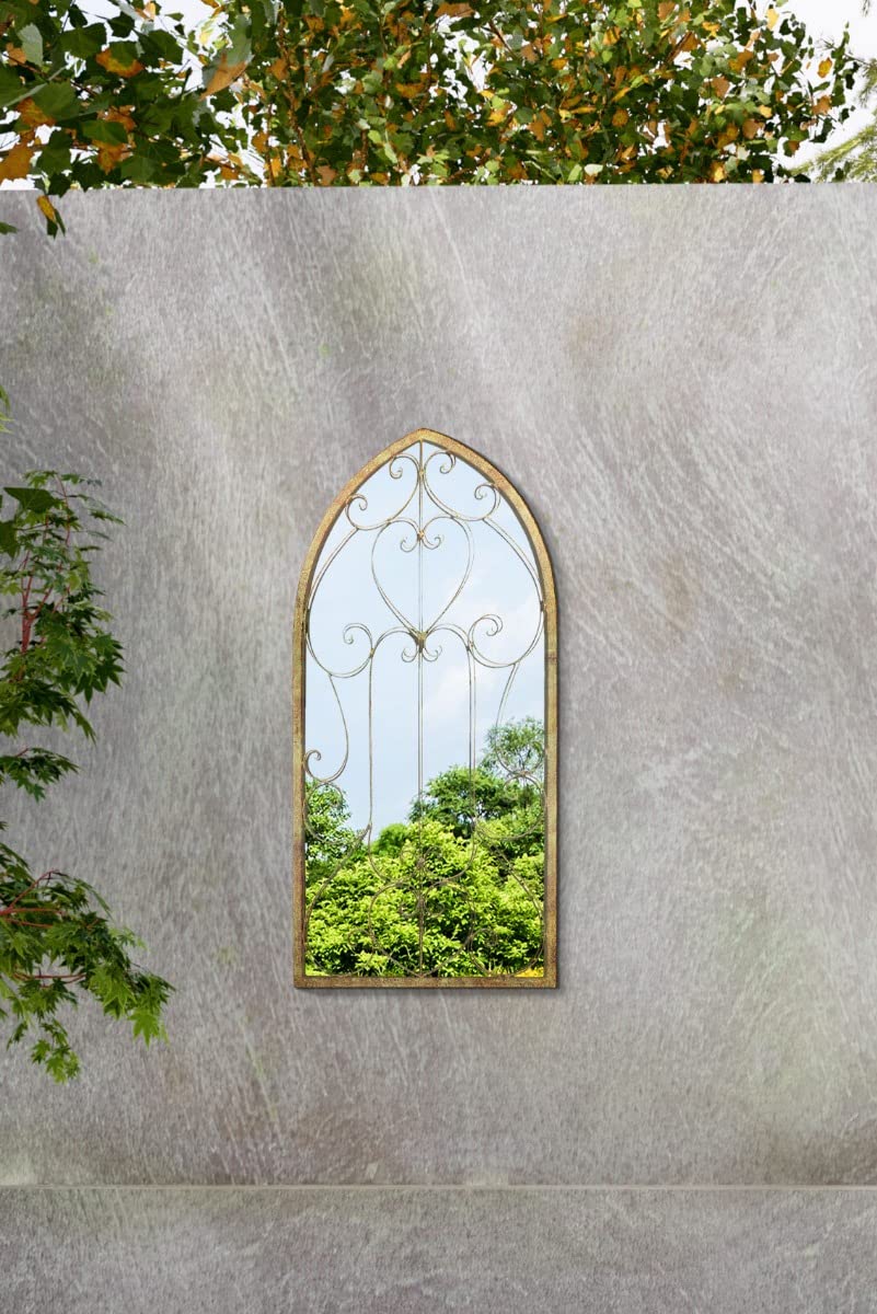 MirrorOutlet Large Metal Rustic Arched Shaped Window Garden Outdoor Mirror Gate 100cmX50cm, Champagne Silver,GM076