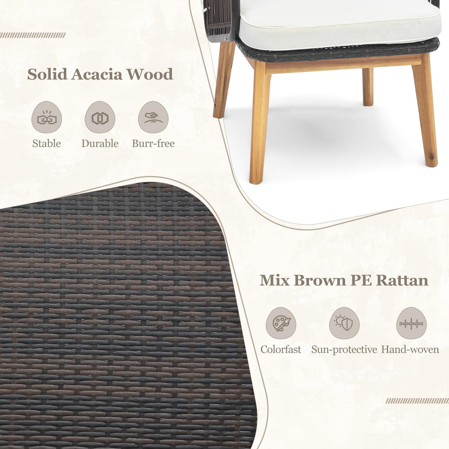 COSTWAY 3PCS Rattan Bistro Set, String Garden Furniture Set with 2 Armchairs, Glass Coffee Table, Cushions and Acacia Wood Legs, Outdoor Wicker Conversation Table Chair Set for Deck Yard Terrace