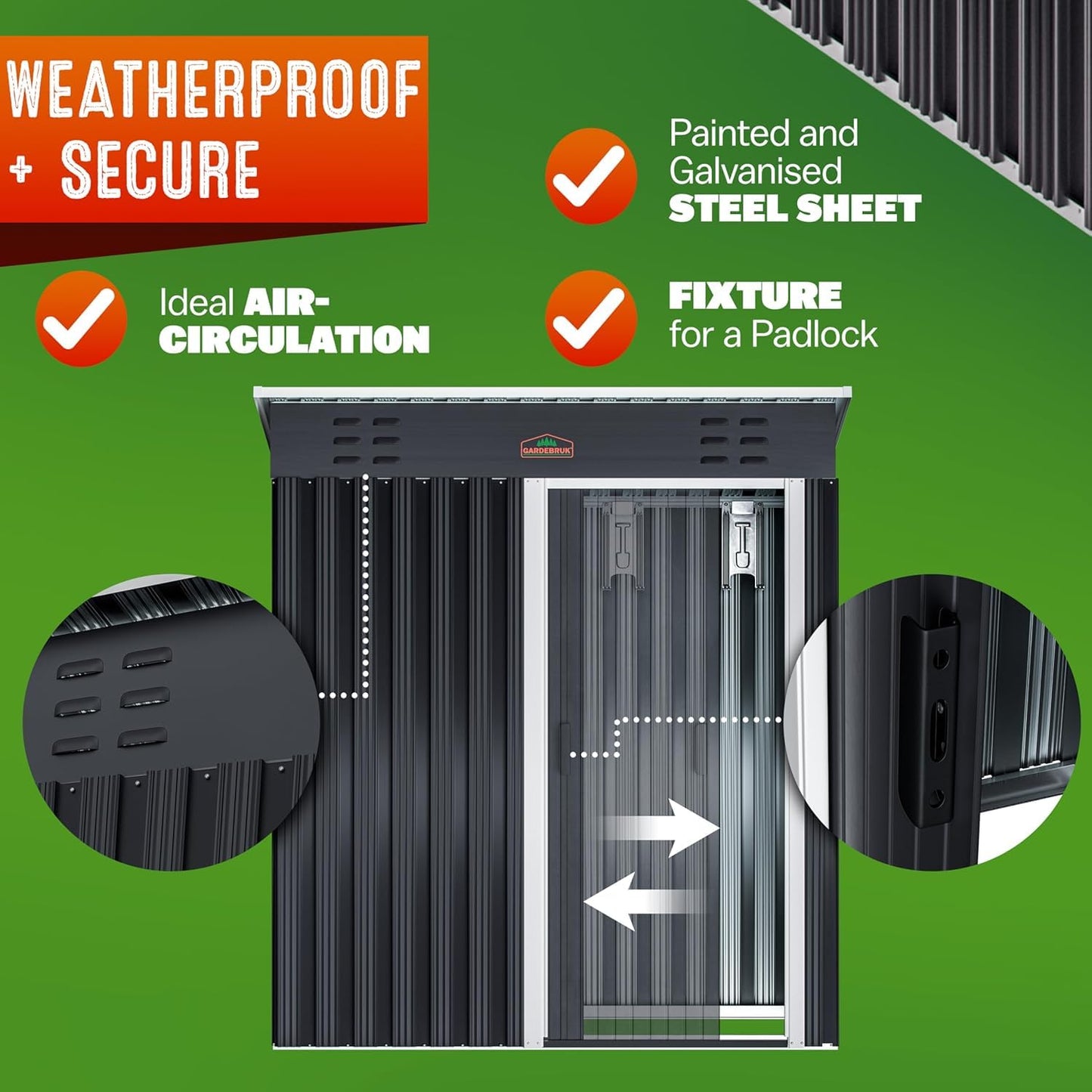 GARDEBRUK® Medium 5x3' Metal Tool Shed Garden Storage | 1.5m² | Pent Roof | 185x165x90cm | Sliding Door | Galvanised Steel Garden Equipment Utility Log Coal Bunker Storage | Anthracite Grey