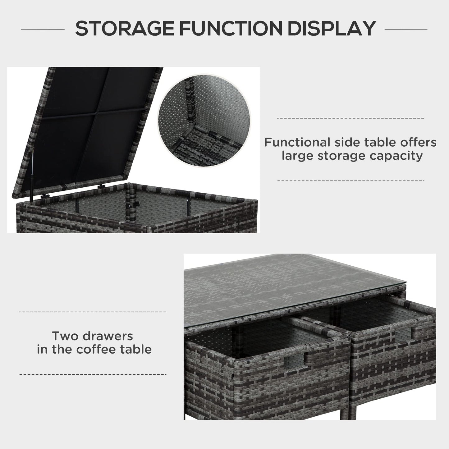 Outsunny 4 Pieces Rattan Garden Furniture Set, 4 Seater Corner Sofa Set with Storage Box, 2 Drawers Coffee Table, Loveseats with Cushions, Wicker Garden Conservatory Furniture for Balcony, Grey