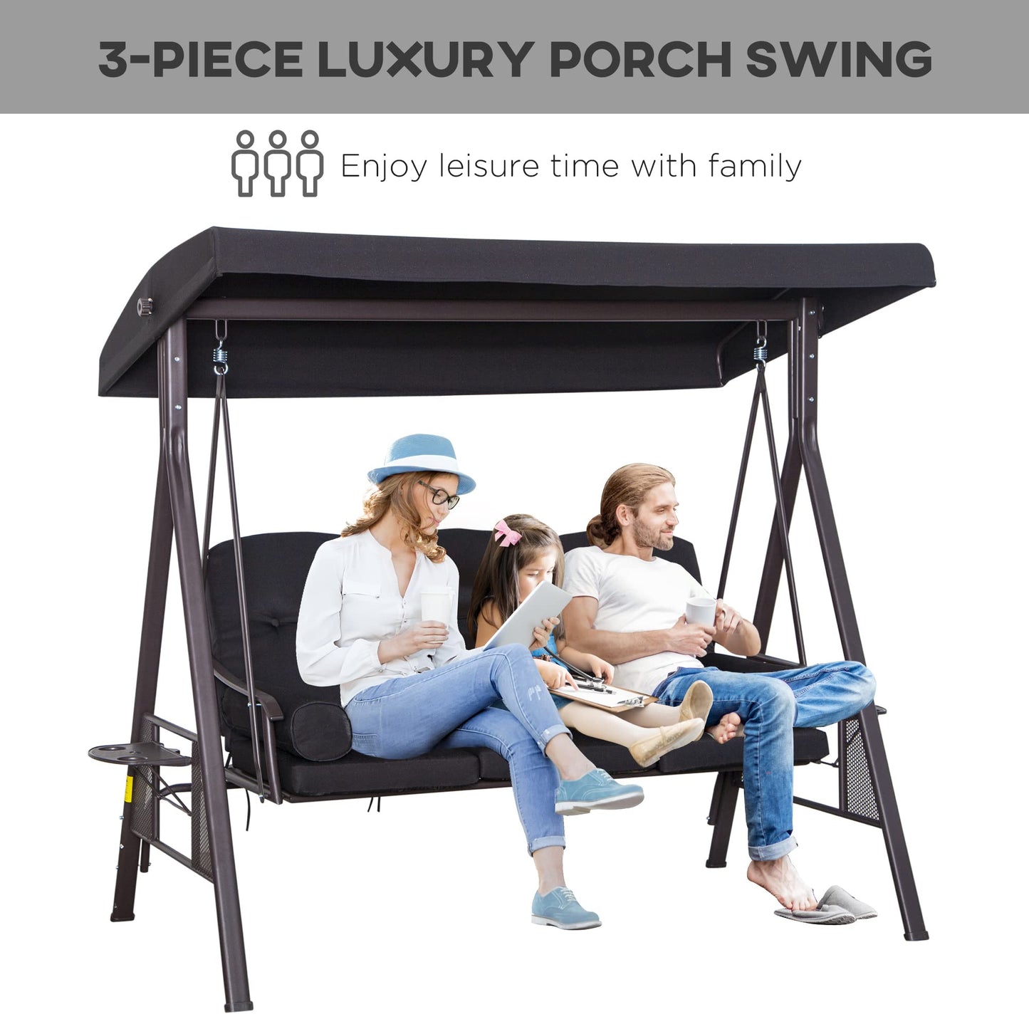 Outsunny 3 Seater Canopy Swing Chair, Outdoor Garden Swing Seat w/Top Roof and Cushions, Black