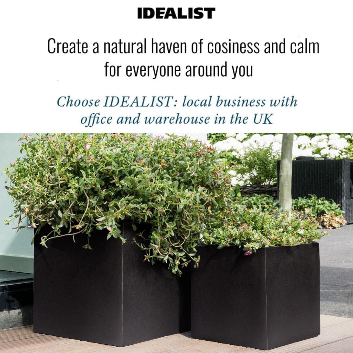 IDEALIST 50cm Large Square Planter for Trees | Black Reinforced Stone Flower Pot with Drainage Holes L50 W50 H50.5 cm, 92 litres