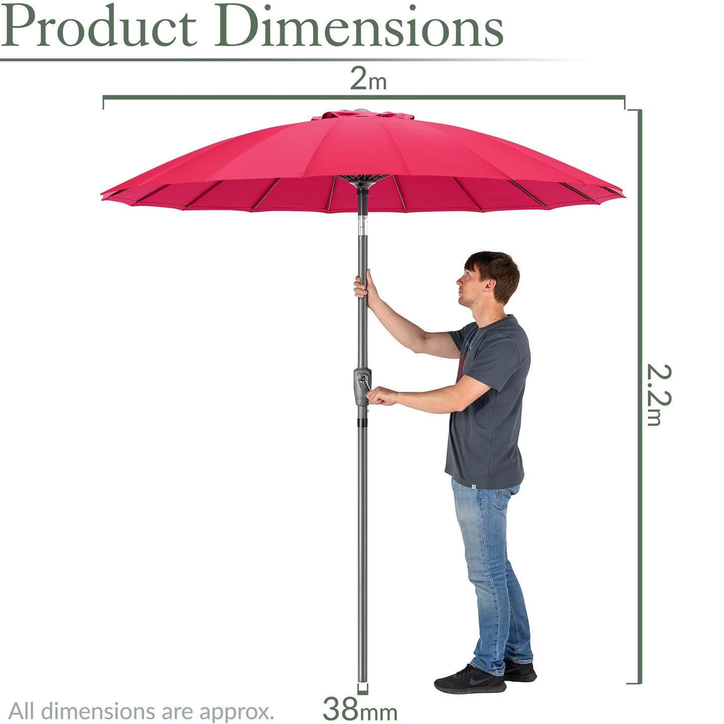 Shanghai Parasol Garden Umbrella Adjustable Tilting Sun Shade with UV Protection and Crank 2m (Raspberry)