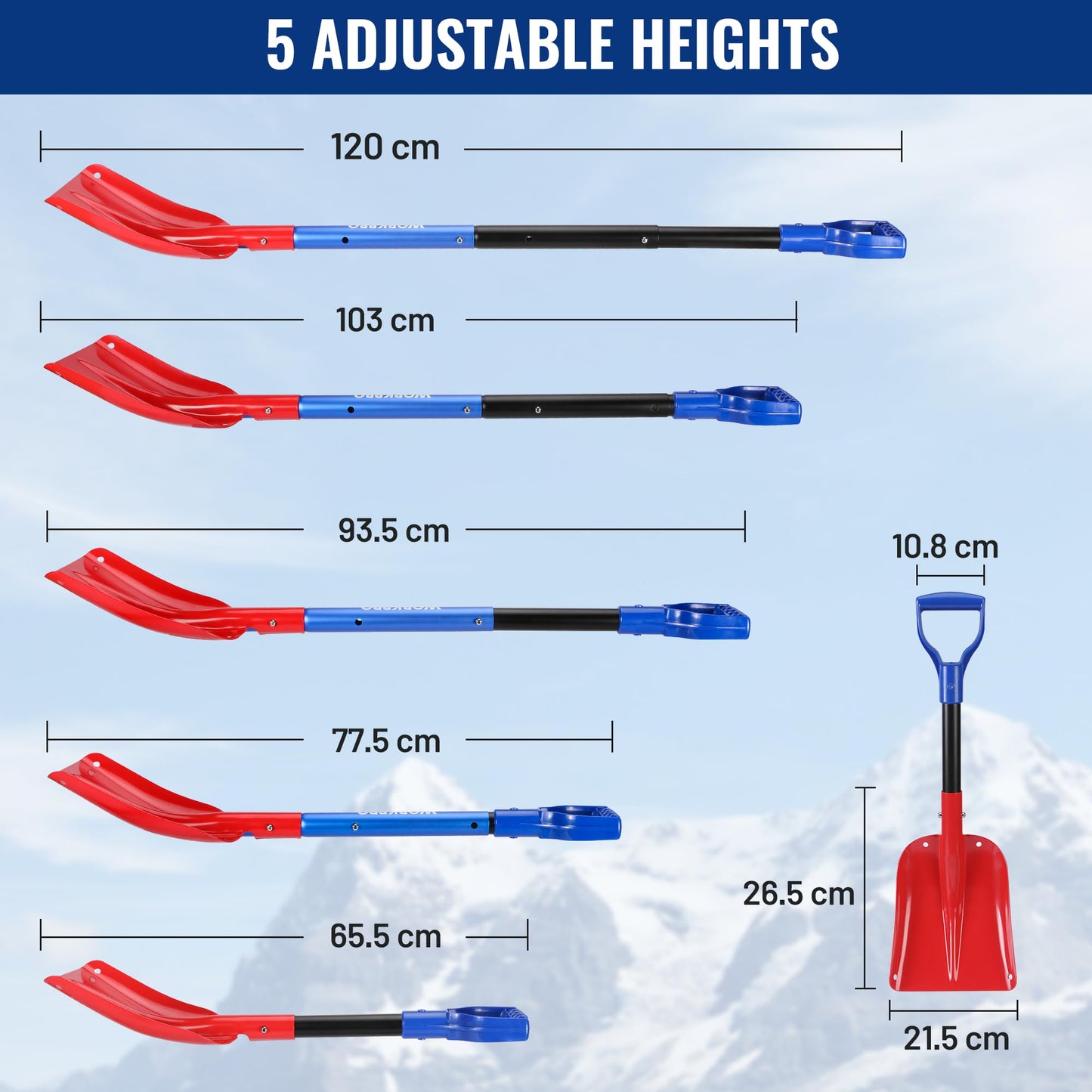WORKPRO Multi-purpose Aluminium Alloy Snow Shovel with Adjustable Length, Storage Bag, Perfect for Garden, Camping, Snowman Playing and Emergency