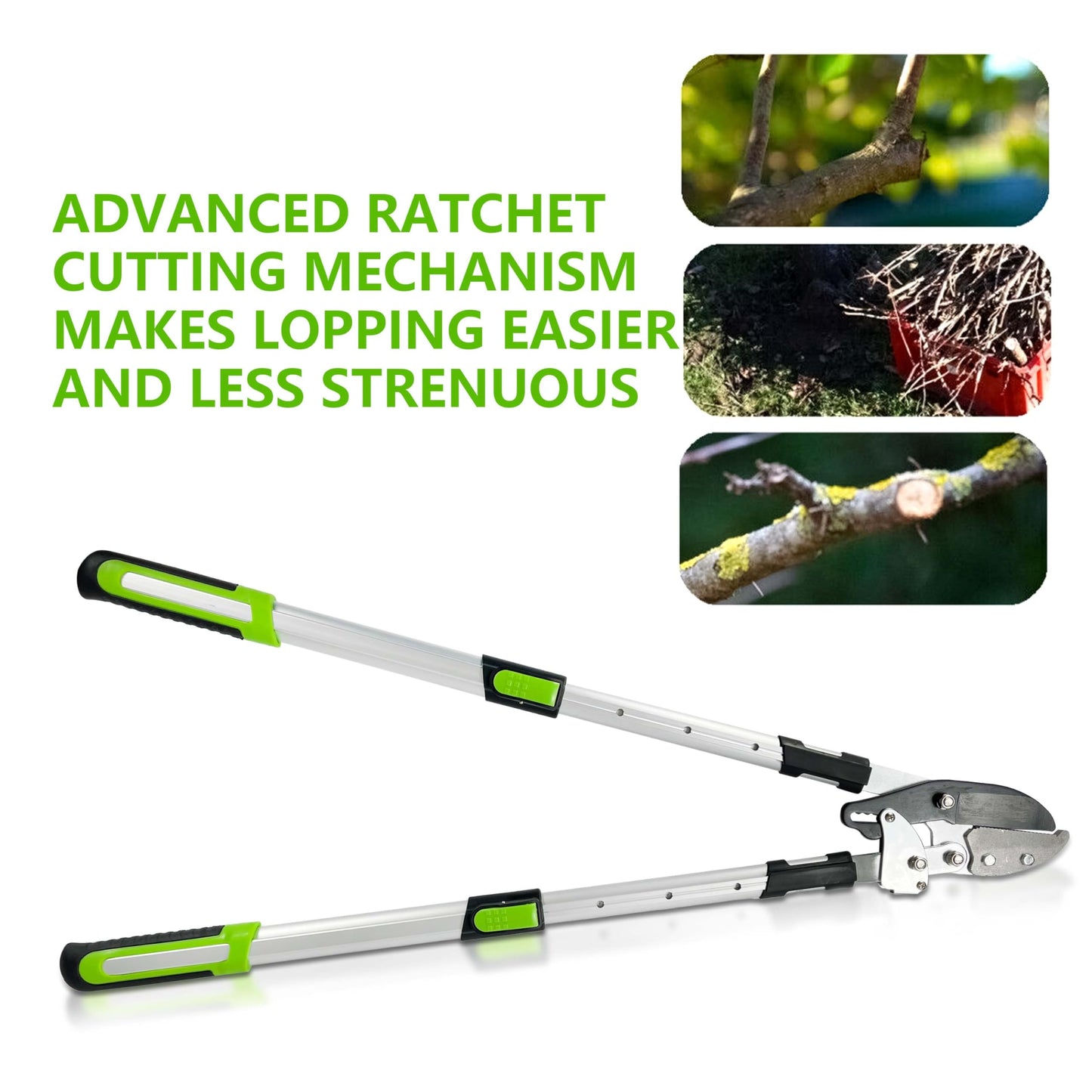 Crystals Telescopic Ratchet Anvil Lopper – Tree Lopper for Gardening Heavy Duty – Hand Loppers Extendable from 28 to 35 Inches – Sharprazor C50 Blade - Green