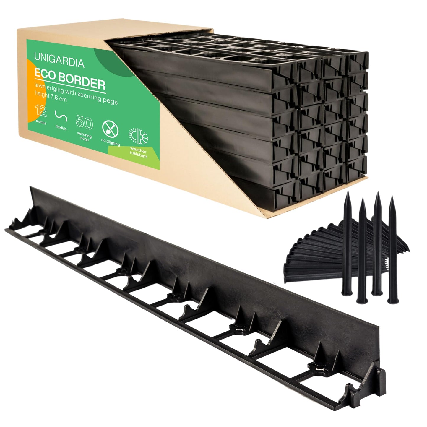 Flexible Lawn Edging 12 m - Invisible Plastic Garden Edge with 50 Securing Pegs - Easy to Use, Weather Resistant - Grass, Flowerbed & Path Border Edging, Height 78 mm, Black