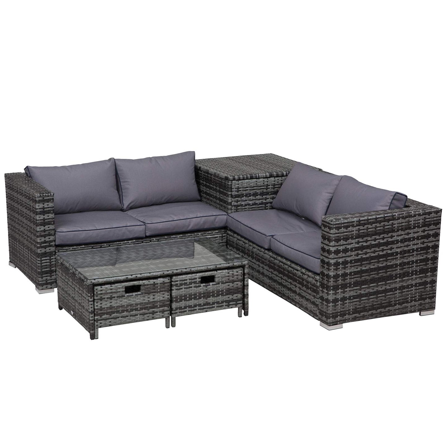 Outsunny 4 Pieces Rattan Garden Furniture Set, 4 Seater Corner Sofa Set with Storage Box, 2 Drawers Coffee Table, Loveseats with Cushions, Wicker Garden Conservatory Furniture for Balcony, Grey