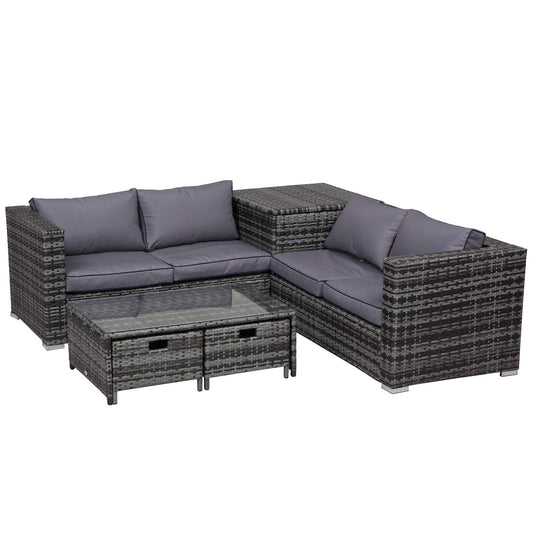 Outsunny 4 Pieces Rattan Garden Furniture Set, 4 Seater Corner Sofa Set with Storage Box, 2 Drawers Coffee Table, Loveseats with Cushions, Wicker Garden Conservatory Furniture for Balcony, Grey