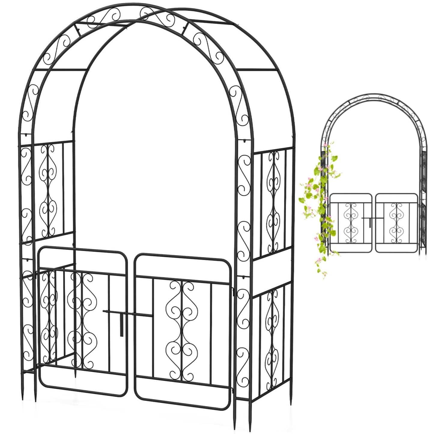 TANGZON Garden Arbor, Metal Arch Arched Top Arbor Trellis with Lockable Gate, Heavy-Duty Trellis Archway for Climbing Plants Grape Vines Wedding Ceremony (with multiple side crossbars,136x58x213cm)