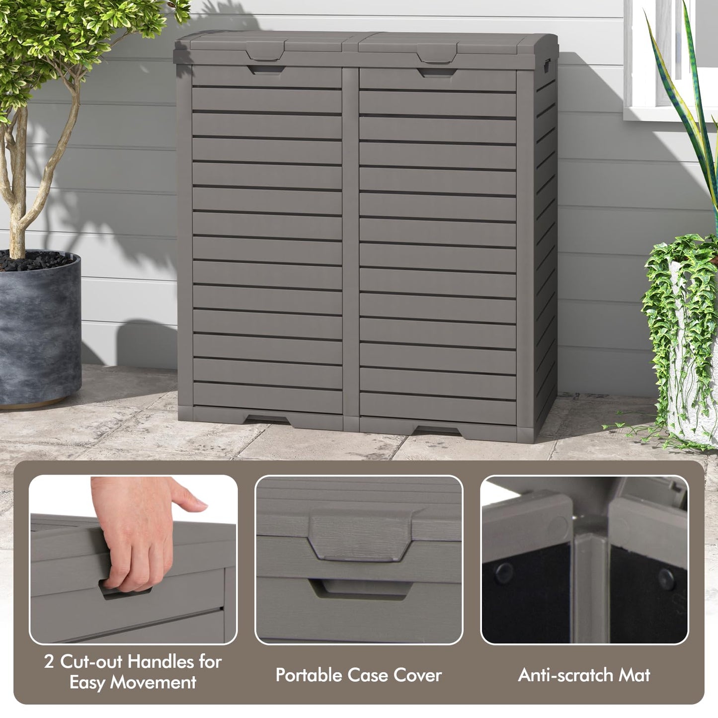 COSTWAY Outdoor Double Bin Trash Can, 235L Waterproof Resin Garbage Can Container with Drip Tray, Dual Lid Closure Design and Handles, Outside Waste Trash Bin for Garden Patio Backyard