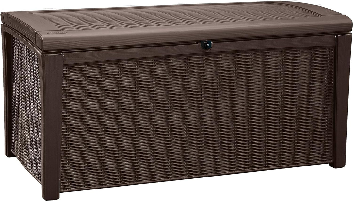Keter Borneo 416L Outdoor 60% recycled Garden Furniture Storage Box Brown Rattan Effect | Fade Free | All Weather Resistant | Safe and Secure | Zero Maintenance | 2 year Warranty