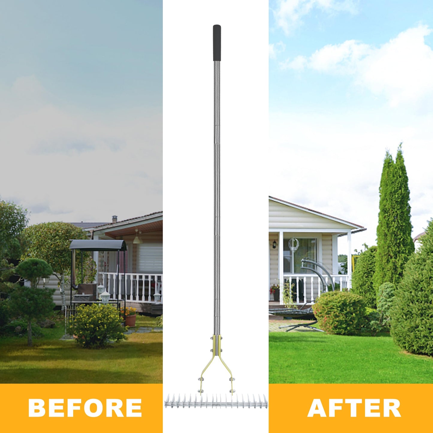 BARAYSTUS Straw Rake, Lawn Rake with 148 cm Adjustable Long Handle Robust Garden Leaf Grabber Made of Carbon Steel, Multi-Purpose Lawn Comb for Weeding, Fertilising Lawn Thatching Rake Cleaning Dead