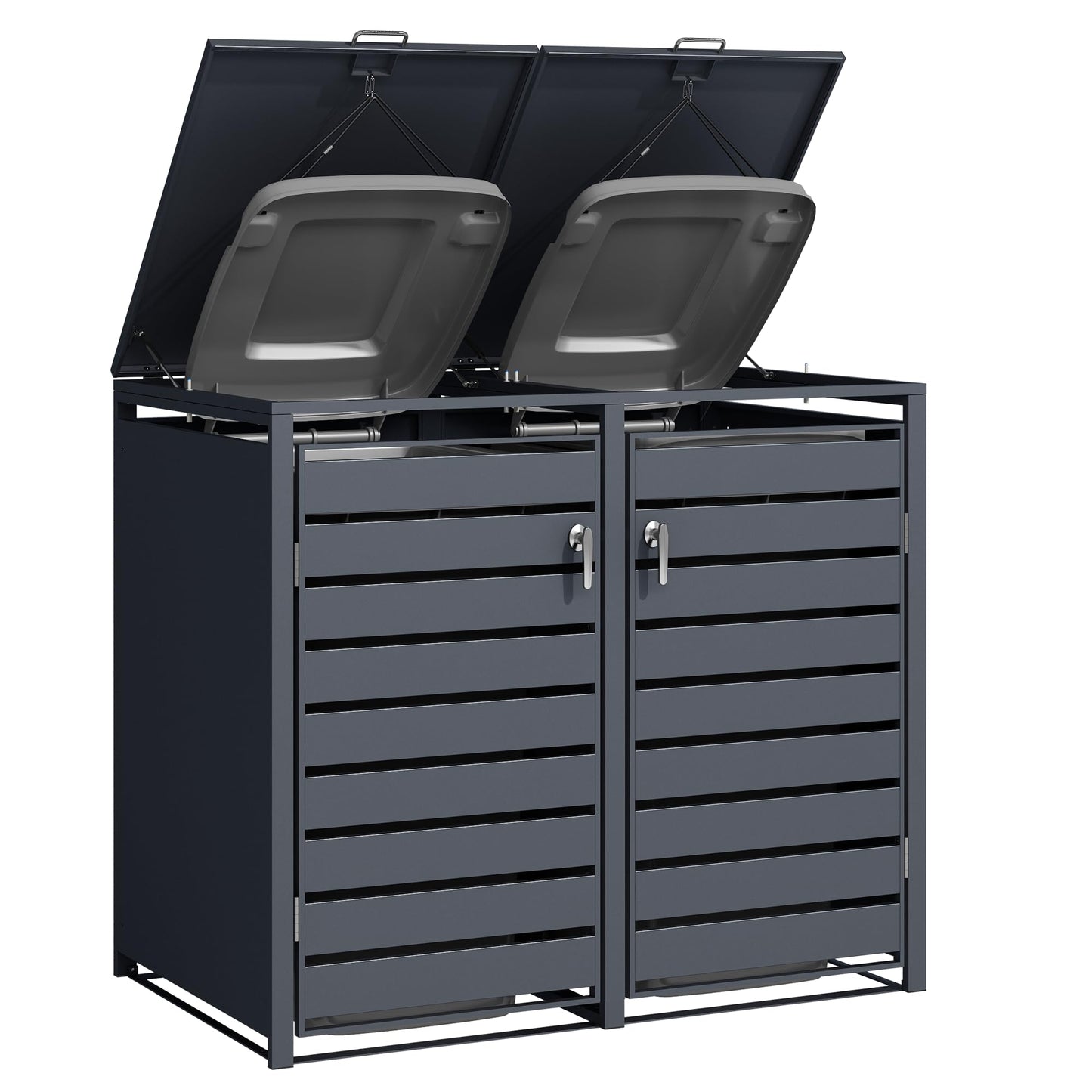 DWD Garden Double Wheelie Bin Hideaway 120L,240L Waste Bin,Storage Shed w/Locking Doors Assisted lift up Lid easy use Outdoor Hygienic Dustbin Cover Powdercoated Steel Matt Grey/Grey Slatted Doors