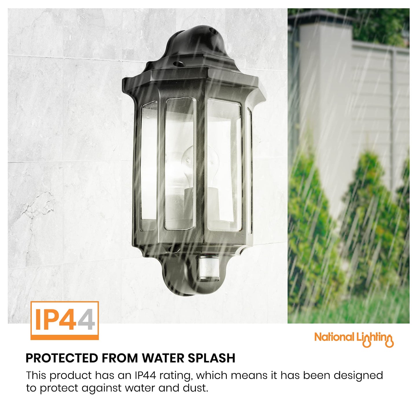National Lighting Black Outdoor Security Lights - PIR External Wall Light - Motion Sensor Presence Detector Half Lantern Garden Porch Wall Lamp - IP44 Rated 60W GLS ES or LED E27 (Not Included)