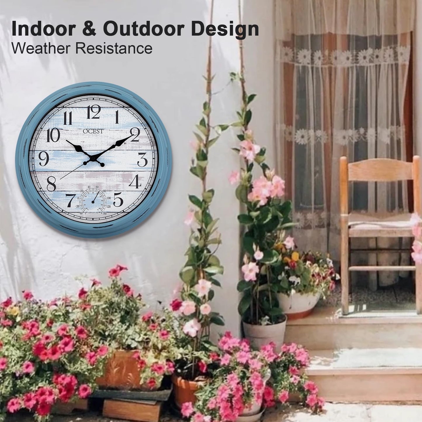OCEST 16 Inch Garden Clocks Outdoor Waterproof, Large Wall Clock with Thermometer, Silent Non-Ticking Battery Operated Decor for Patio Pool Porch Garden