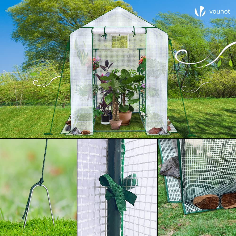 VOUNOT® Walk In Greenhouse with Shelves, Roll up Zip Panel Door Garden Plastic Polytunnels Grow House for Outdoor Use, White 143x143x195cm