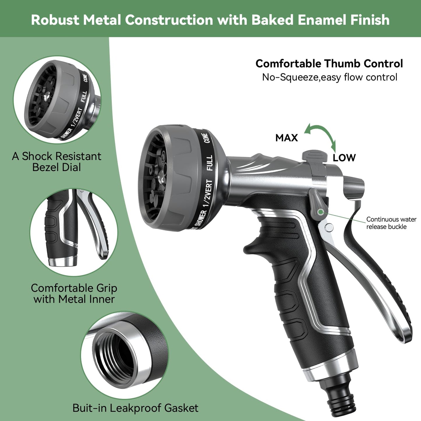 2025 NEW Heavy-Duty Metal Hose Pipe Spray Gun, 8 Adjustable Spray Patterns Garden Hose Spray Gun, Leak-Proof Hose Gun, Garden Hose Nozzle for Watering, Cleaning, Washing Cars, Compatible with UK Hoses